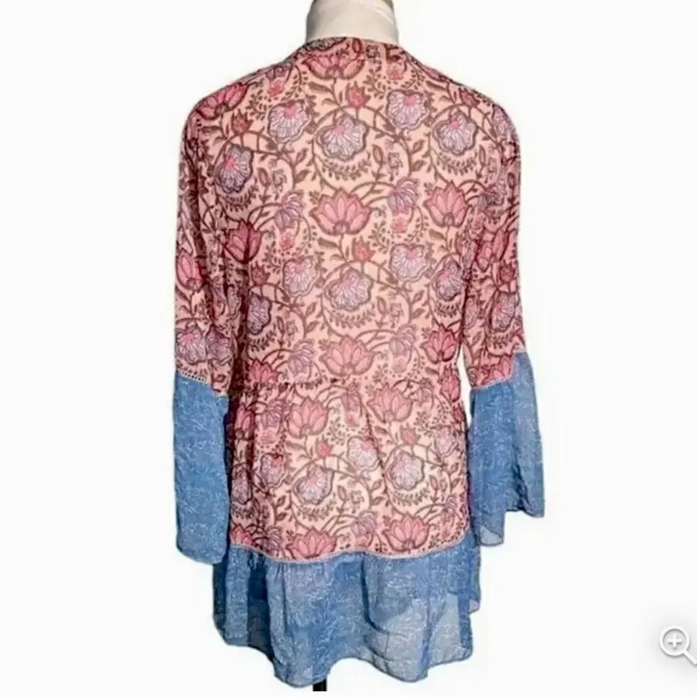 Soft Surroundings Pergola Blue Pink Floral Embroidered Sparkle Peasant Blouse